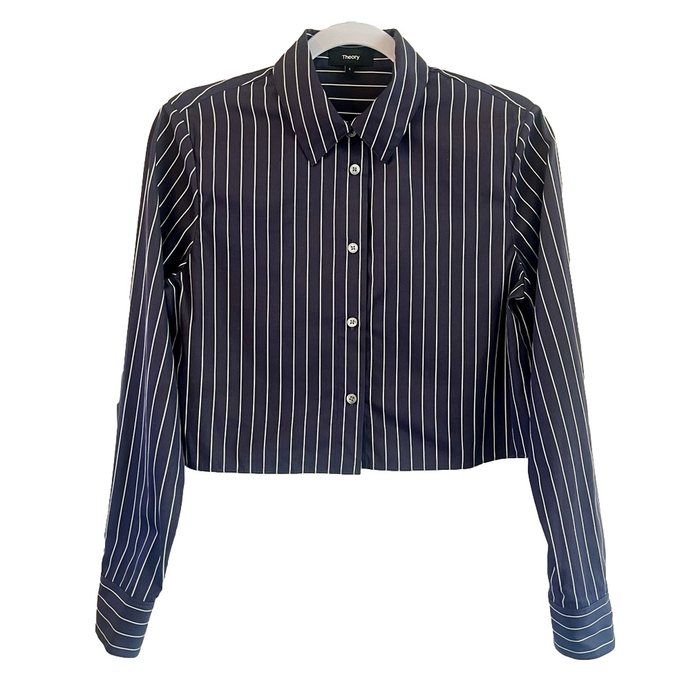 Theory Navy Pinstripe Cropped Button-Down Shirt Size Small - Picture 7 of 13
